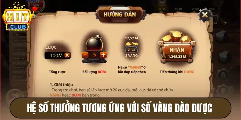 Hệ số thưởng tương ứng với số vàng đào được