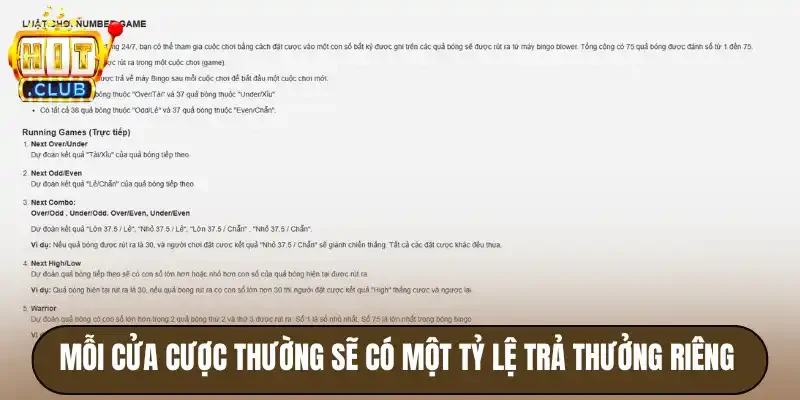Mỗi cửa cược thường sẽ có một tỷ lệ trả thưởng riêng